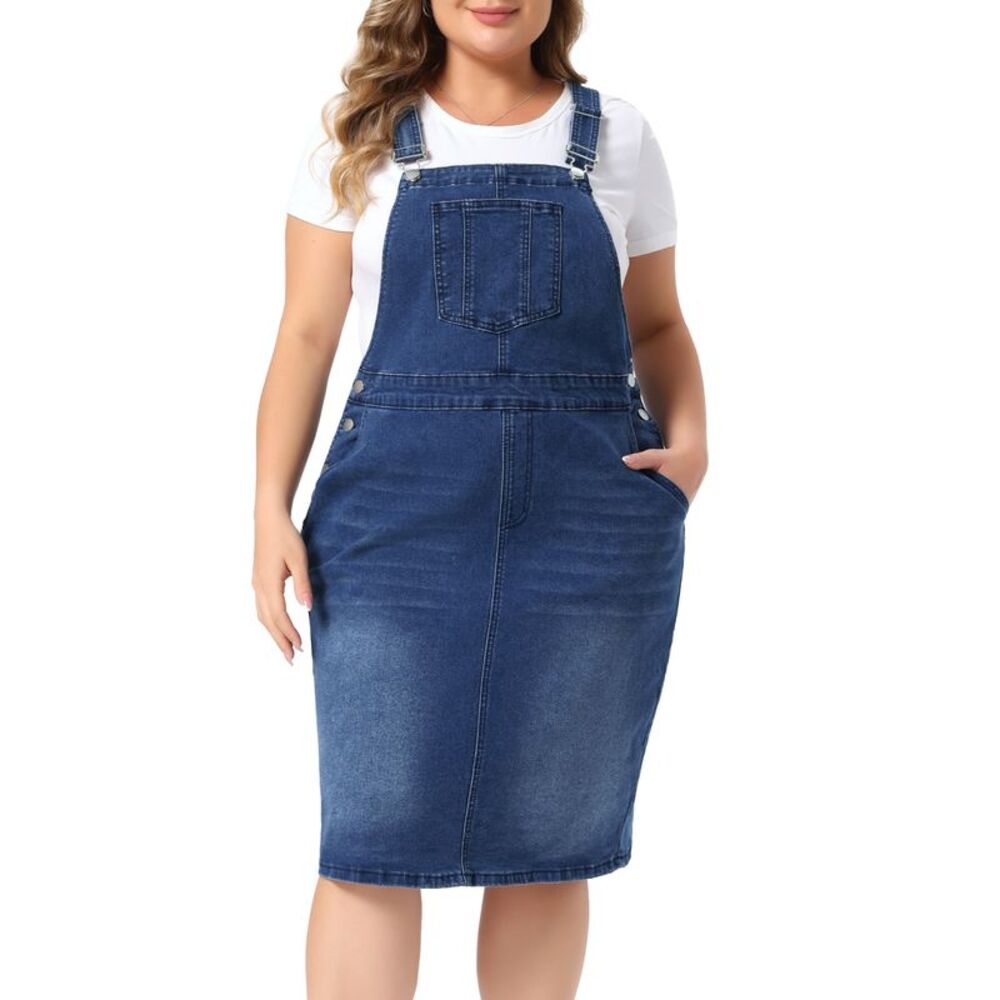Women Plus Size Adjustable Strap Vintage Denim Overall Dress Dark Blue